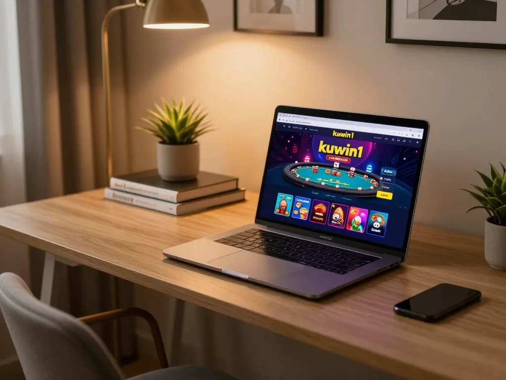Kuwin1 online gaming scene featuring a stylish home office setup with vibrant casino interface