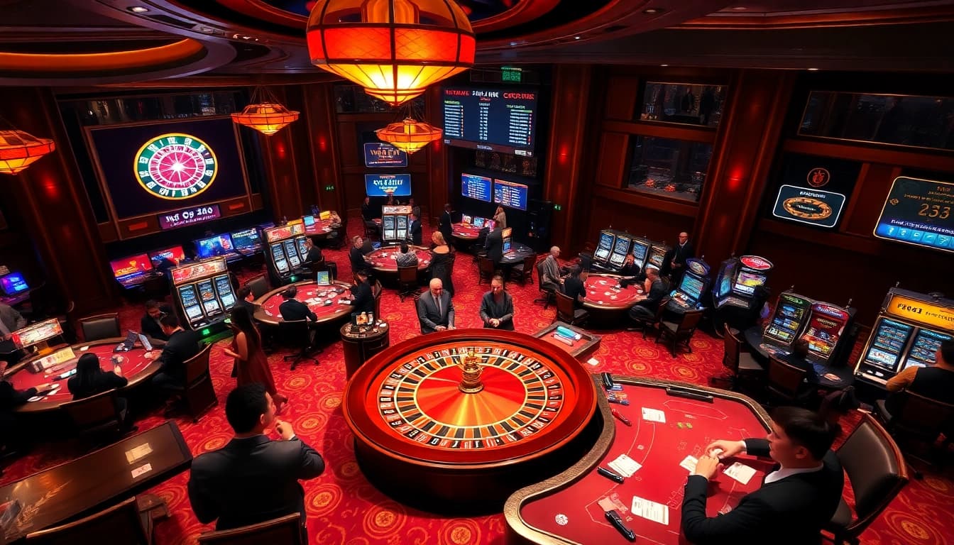 Kết quả xổ số displayed on a vibrant casino scoreboard amidst thrilling gaming action.