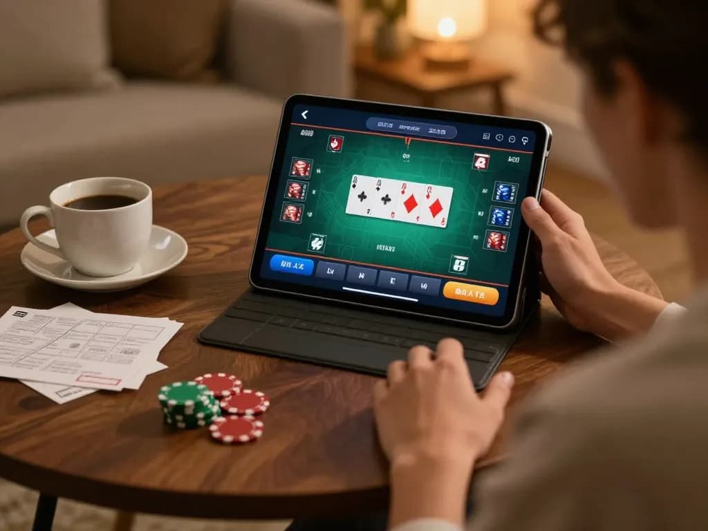 Player enjoying online poker at home with Uk88 on tablet and strategic notes beside.