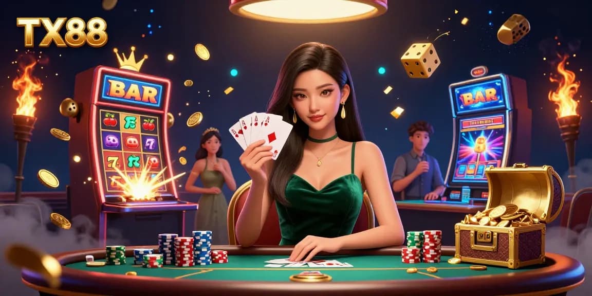 Lady at a poker table winning big with TX88 amidst dazzling casino elements.
