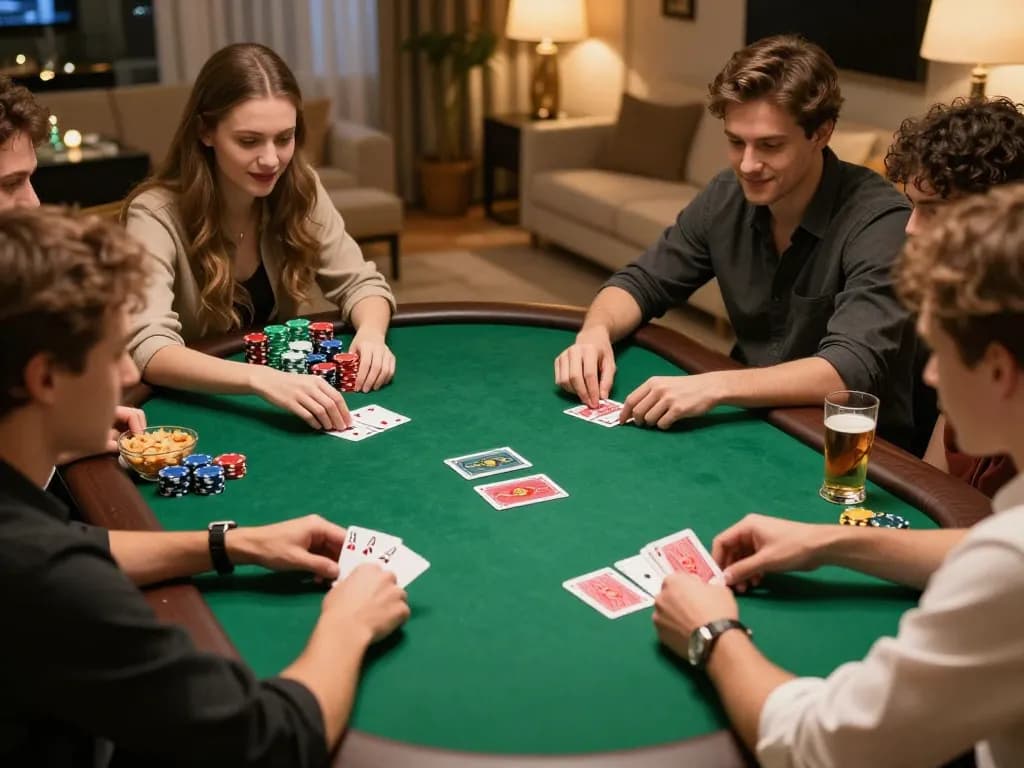 Lu88 poker game lively scene with friends enjoying strategy and competition.