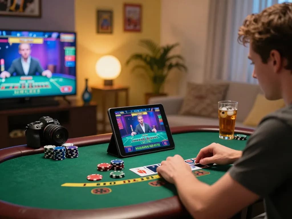 Engaging in a live dealer game on a tablet while exploring online gambling at W 88.