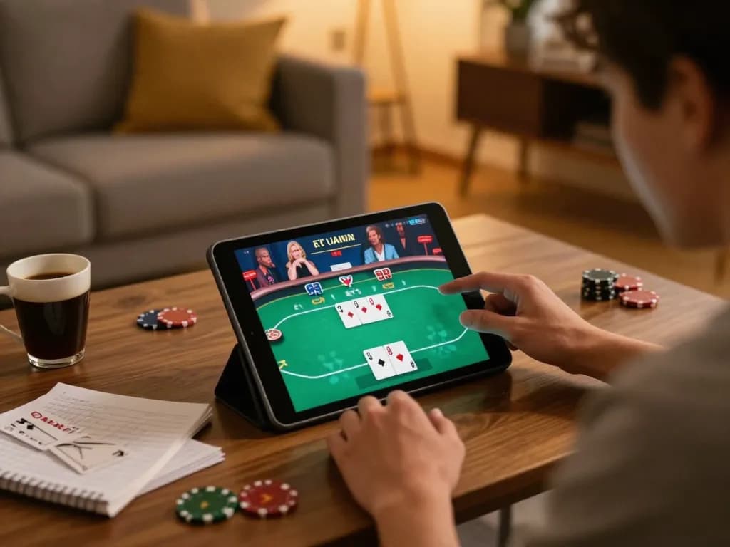 Engaged player using tablet for B52CLUB poker game in cozy living room setting.