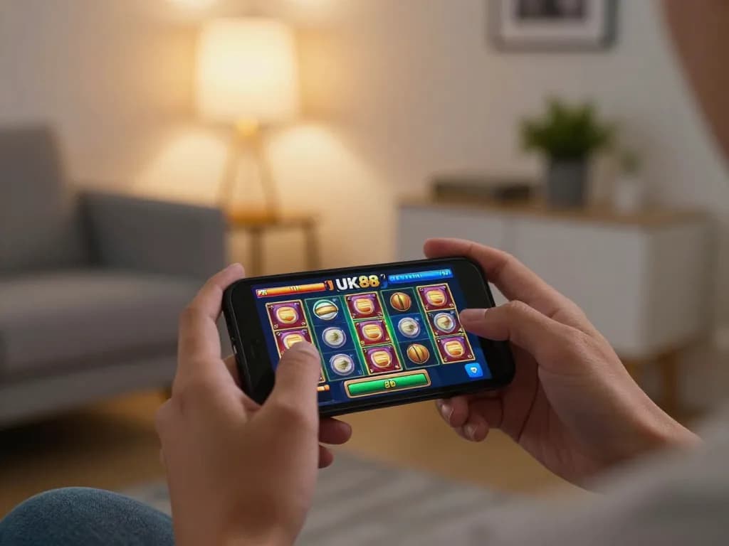 Engaging with the UK88 casino app for slots in a cozy home setting.