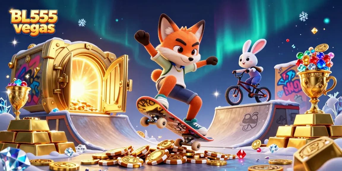 Experience the thrill at BL555 vegas, featuring dynamic gaming action and vibrant visuals in a colorful 3D casino scene.