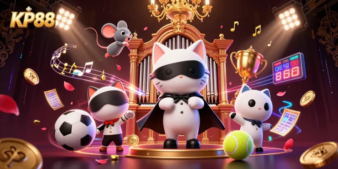 Experience thrilling wins at KP88 with a dynamic 3D casino scene featuring unique characters and vibrant game elements.
