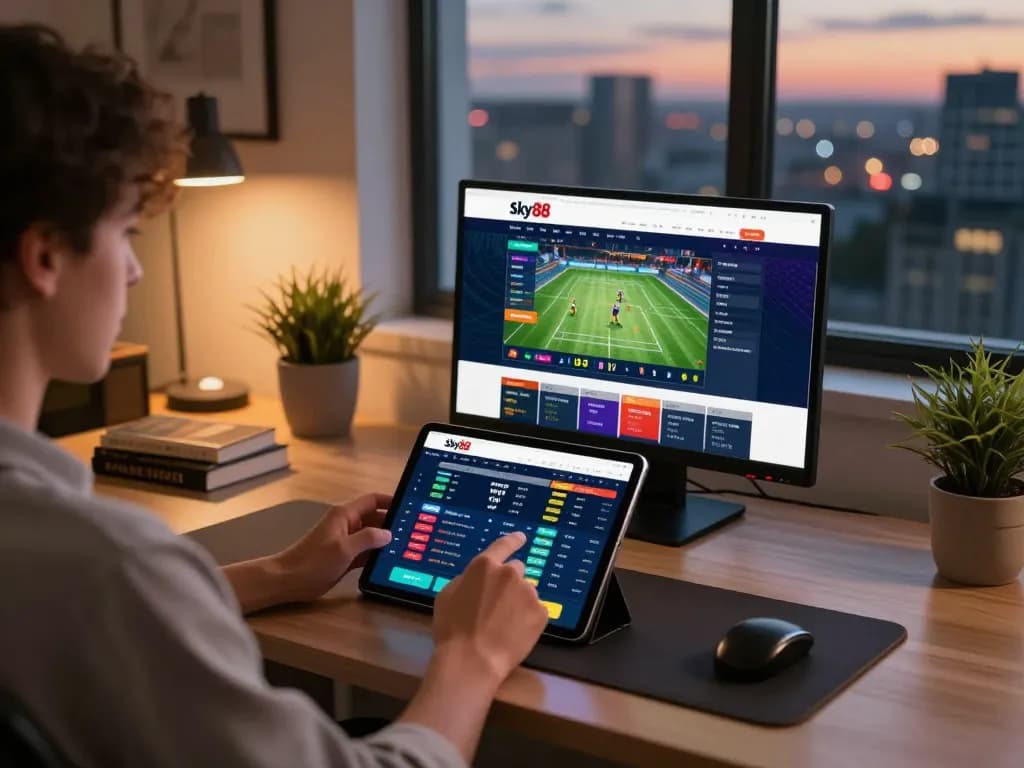 Player engaging with Website Sky88 mobile platform, showcasing live sports betting excitement.