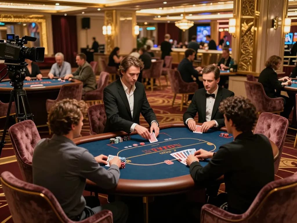RIKVIP players enjoying an upscale poker game in an elegant VIP casino room, surrounded by luxury decor.