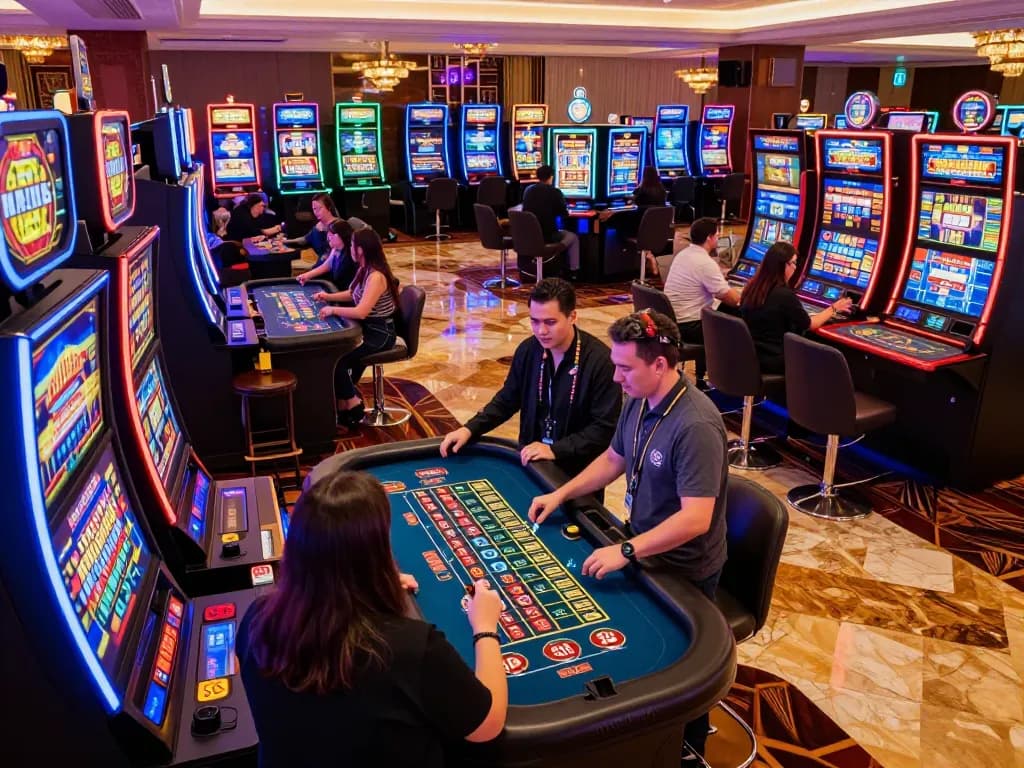 Sky88 uy tín showcasing players engaged in lively casino atmosphere with roulette and slot machines.