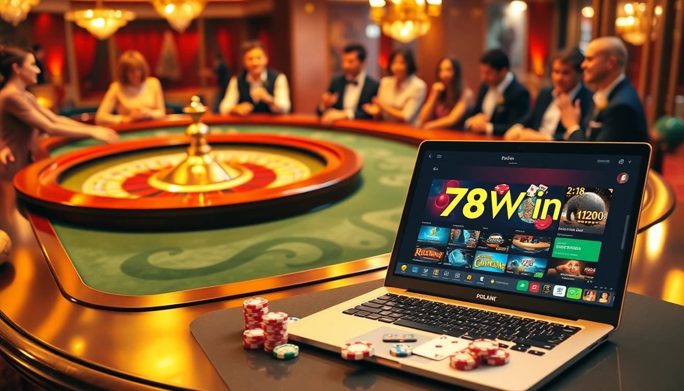Engaging casino scene showcasing 78WIN logo with roulette, cards, and excited players.