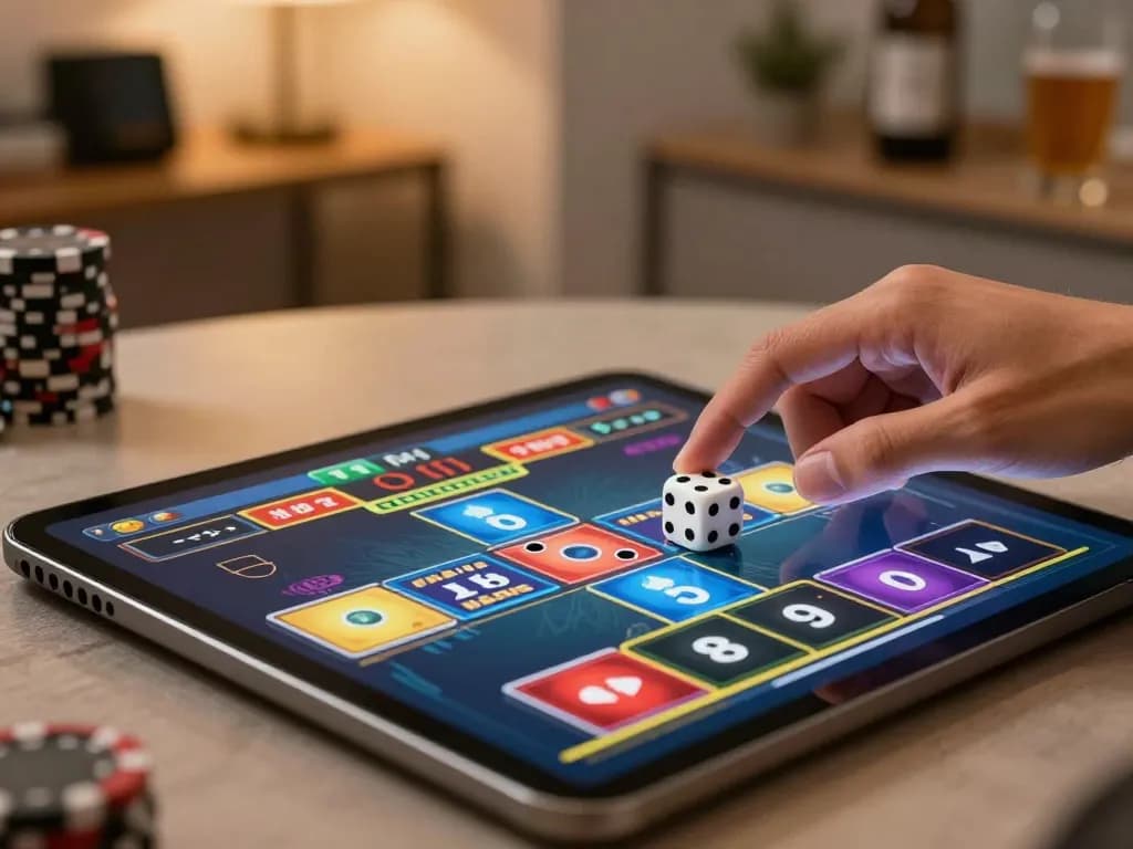 Tài xỉu Online gameplay on a tablet during an exciting dice roll, showcasing vibrant betting graphics.