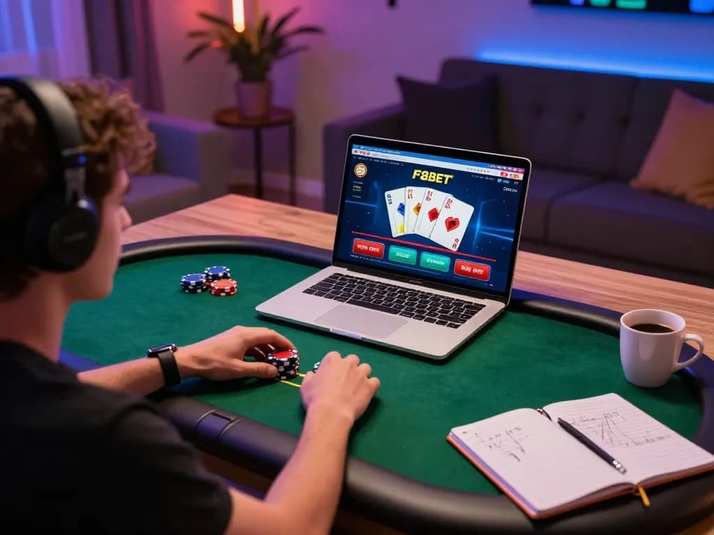 Engaging in high-stakes poker at F8bet casino on a laptop within a cozy home setting