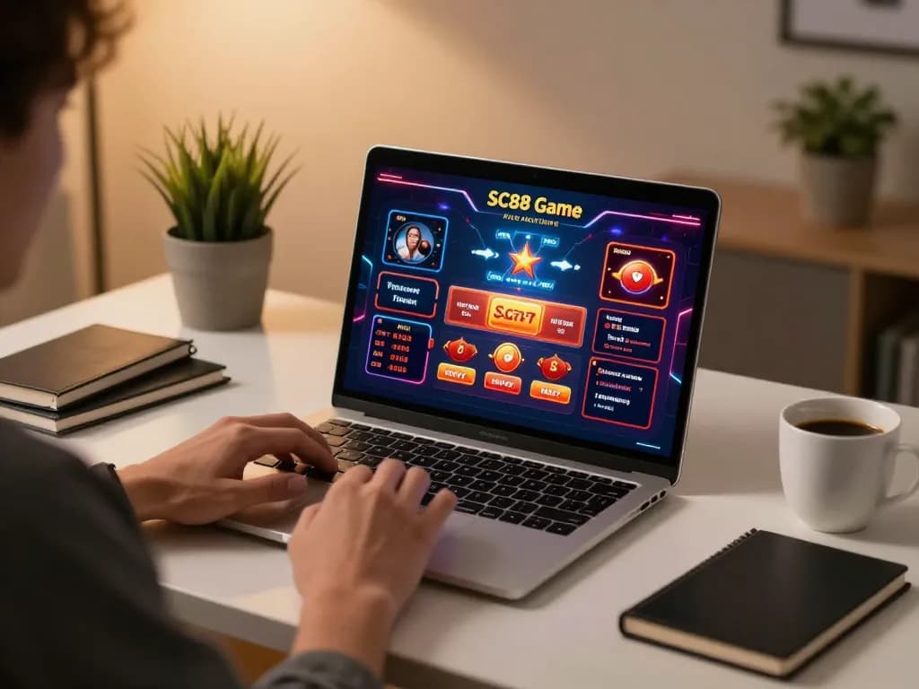 Engaging in SC88 Game on a sleek laptop with vibrant casino graphics and a cozy atmosphere.