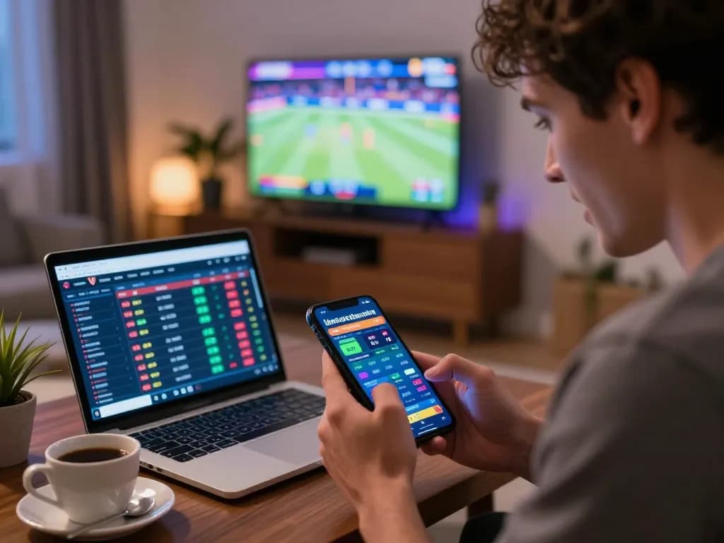 Engaging in live sports betting on mobile with nk88 app displayed, capturing excitement in a relaxed setting.