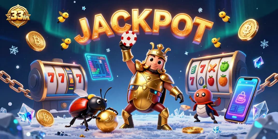 Play and win big with 33win in this vibrant 3D casino illustration featuring heroic beetles and glowing crypto coins.