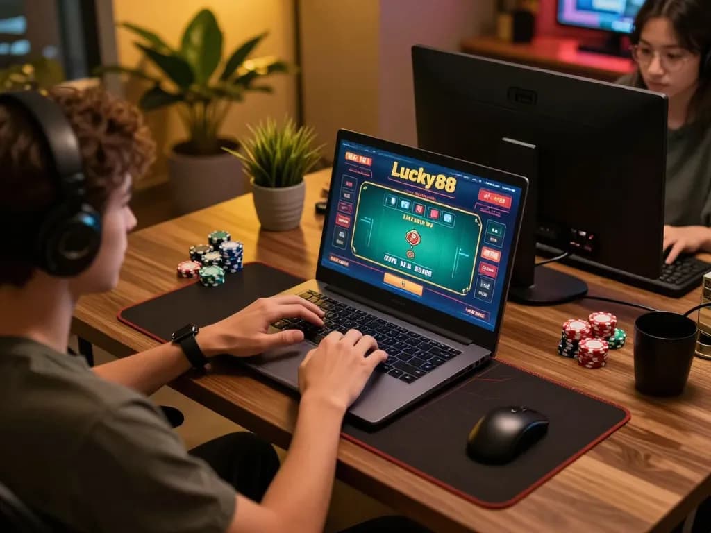 Engaging online gaming session at Lucky88 Casino with poker game interface visible on laptop.