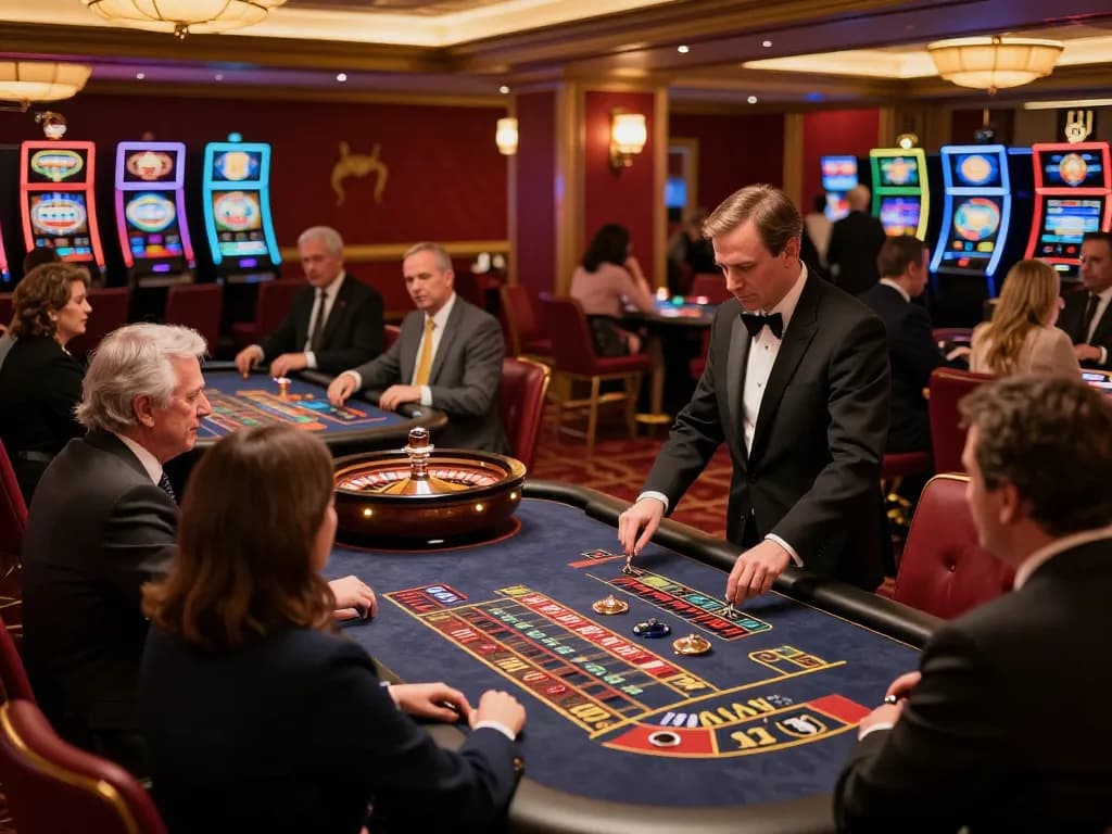 Các người chơi KO66 tham gia vào những cược chiến lược tại bàn roulette sang trọng trong một không gian casino xa hoa