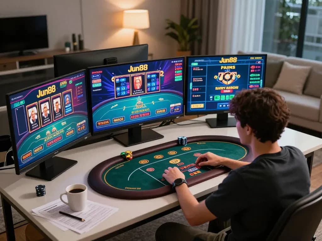 Player engaging in online gambling with Jun88 on multiple screens, reflecting strategic gameplay.