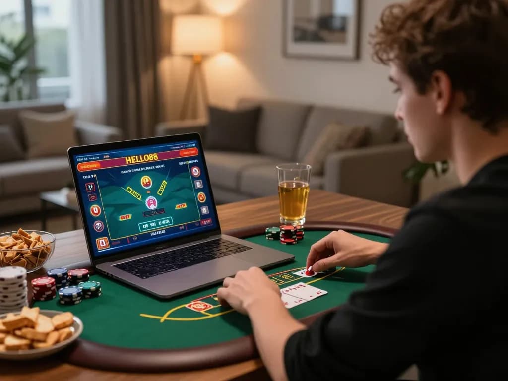 Player enjoying live dealer blackjack on HELLO88, engaged in strategic betting from home office.