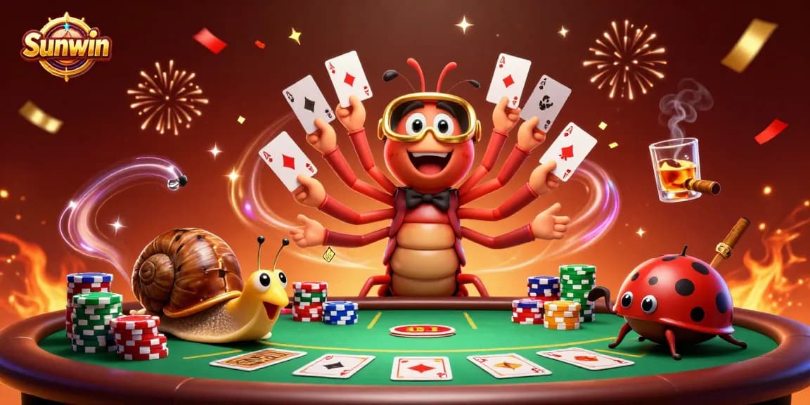 Sunwin casino scene featuring a millipede dealer fanning cards and high-roller snail pushing chips.