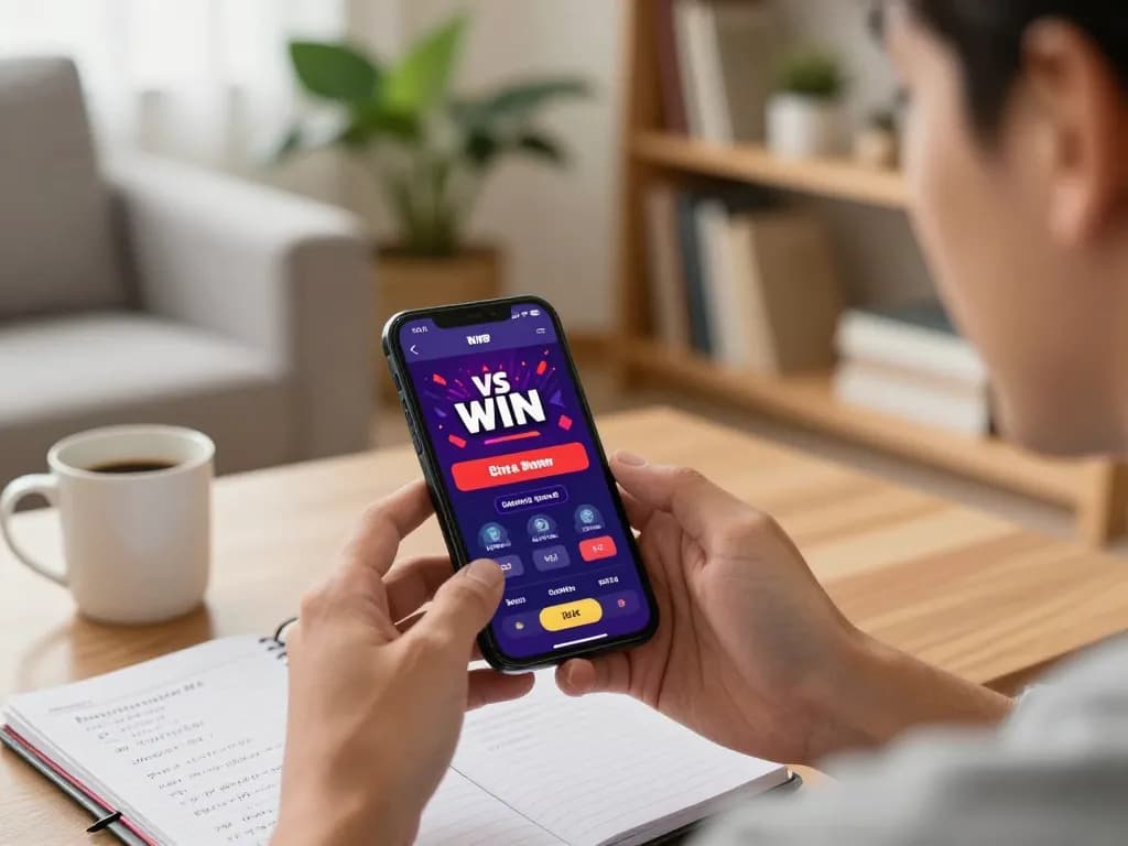 Player enjoying the Vs win app on their phone in a cozy living room environment while practicing responsible gaming.