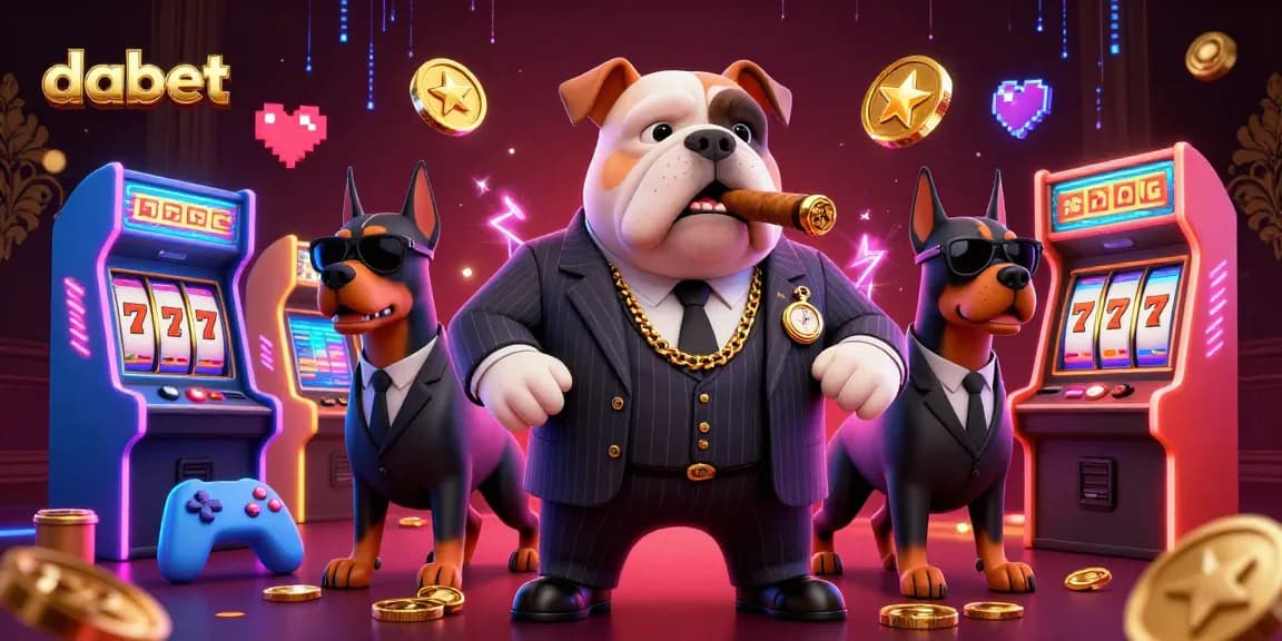 Dabet gaming scene featuring a mafia bulldog and Dobermans amidst colorful casino elements, all in a dynamic 3D illustration.