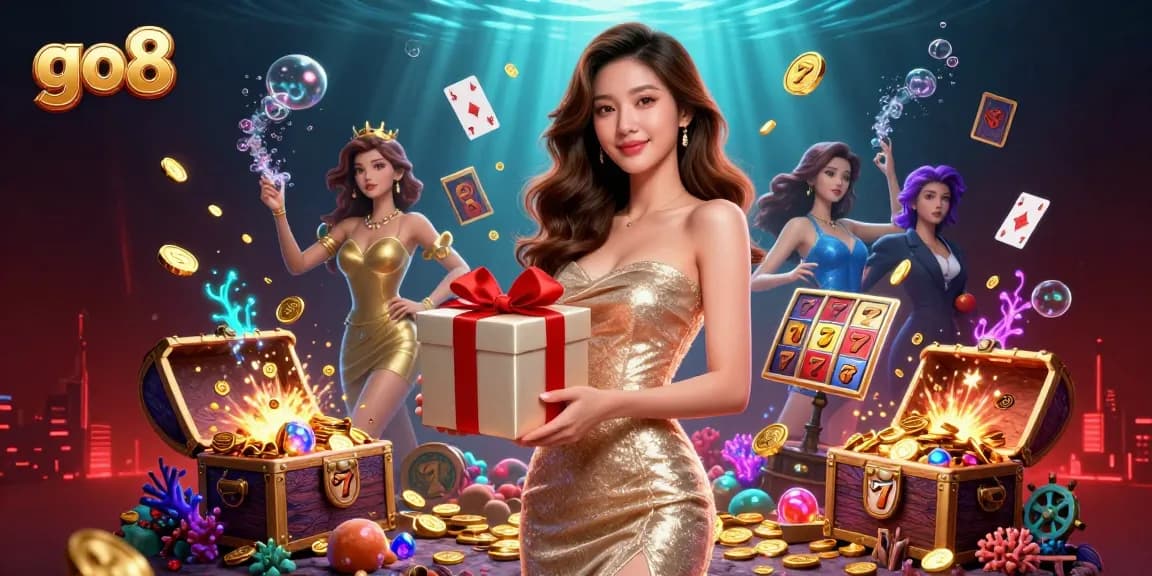 Win big with go8 in this festive Lunar New Year casino scene featuring a welcoming lady amid floating game elements.
