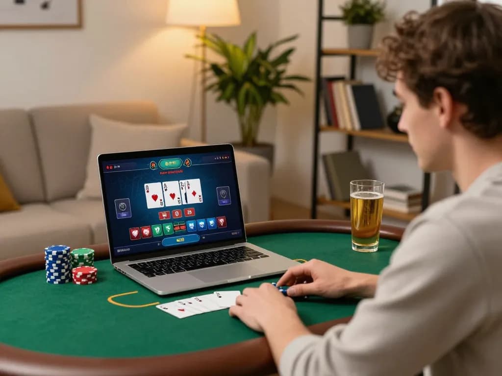 Engaging in online poker at home with kp88, showcasing impressive gameplay on a laptop