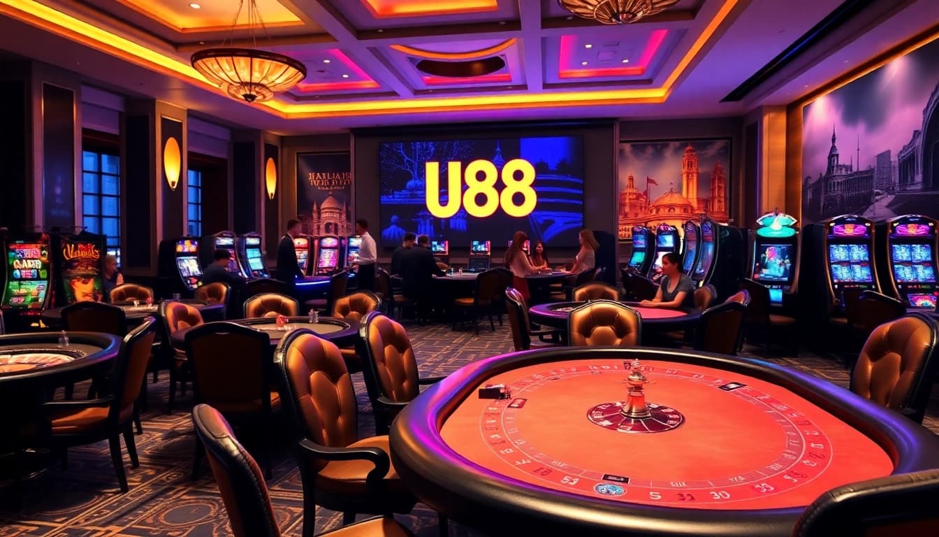 Players enjoy high-stakes poker at UU 88 casino, with vibrant colors and luxurious décor.