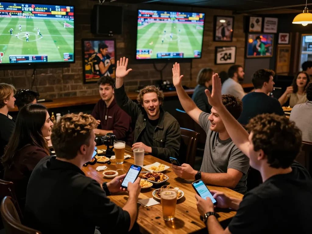 Engaged patrons placing bets on the Sky88 app at a lively sports bar