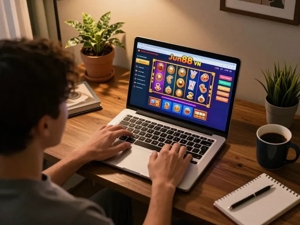Engaging online gaming session with Jun88 VN casino interface displayed on a laptop in a cozy home setting