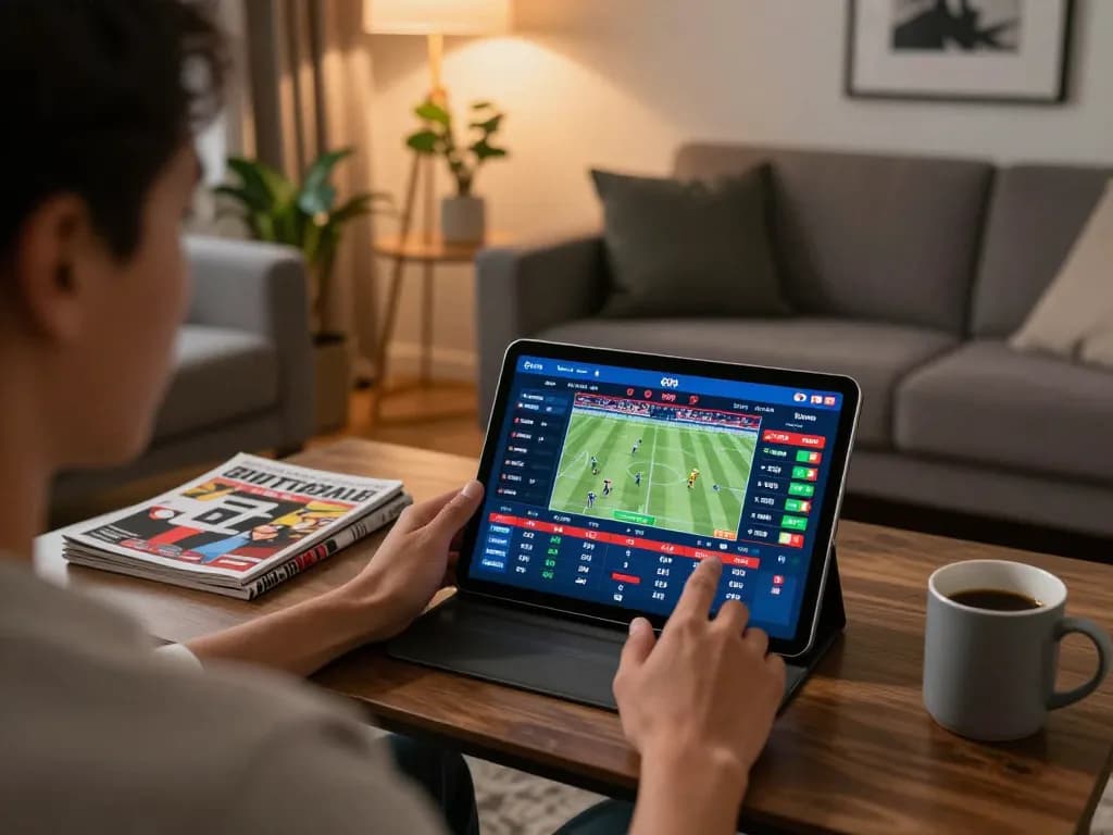 Engaged gambler using a tablet for lucky88a sports betting in a cozy living room.