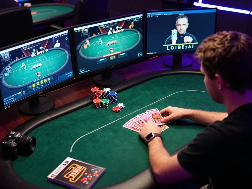 Engaged player analyzing poker strategies while playing DA88 online, showcasing vibrant gaming setup.