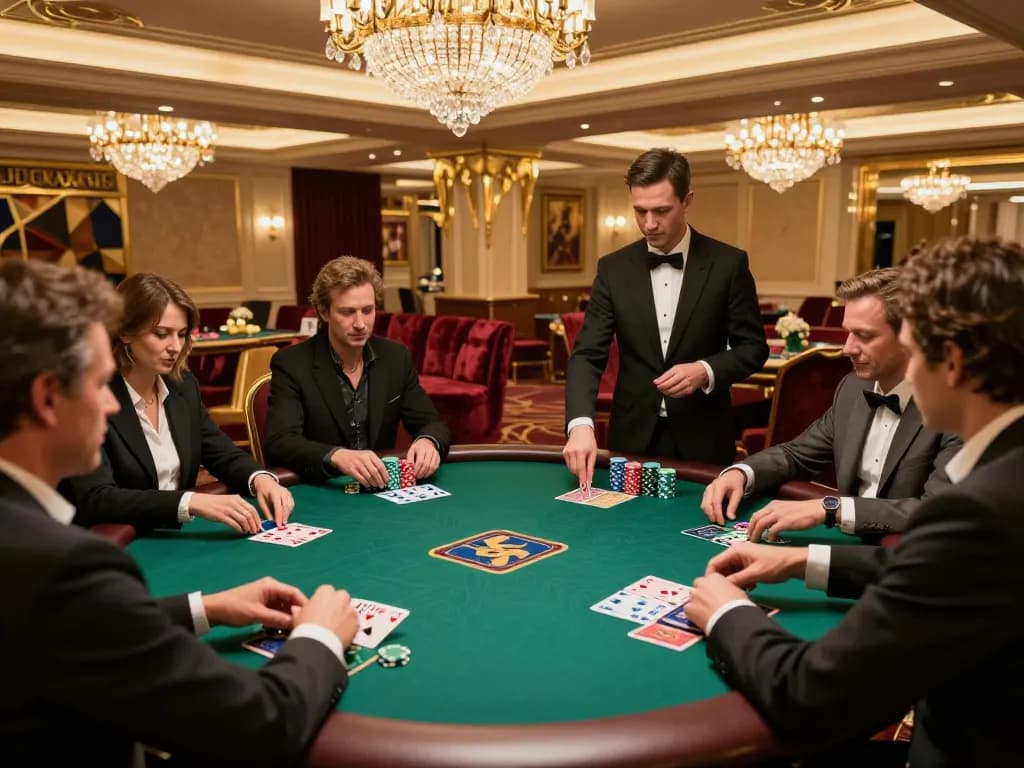 Players strategizing high-stakes poker at Red88's exclusive gaming table.