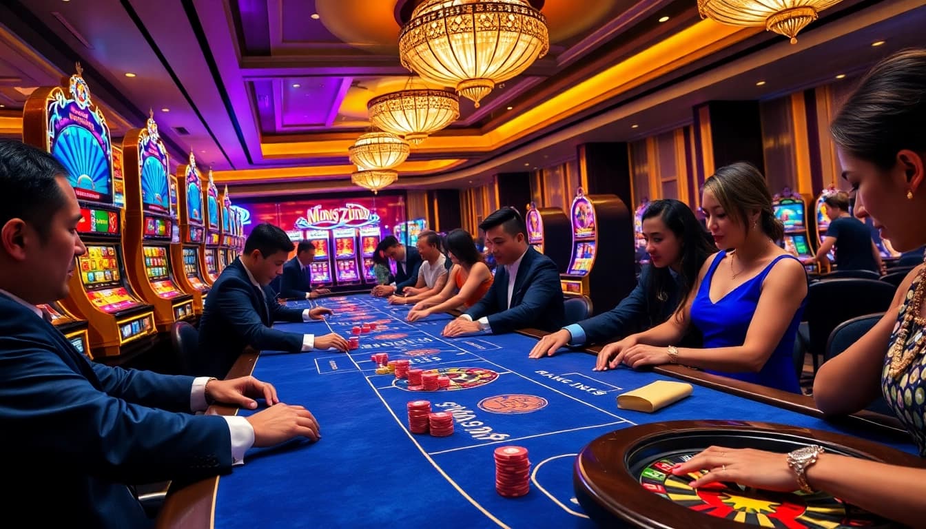 Engaging scene of Nhà cái U888 with players at casino tables and lively slot machines.