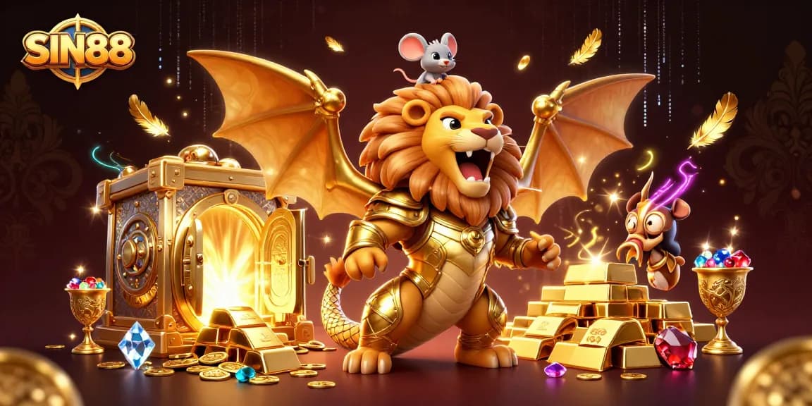 SIN88 captures the excitement of gaming with a chimera creature and dazzling casino treasures.