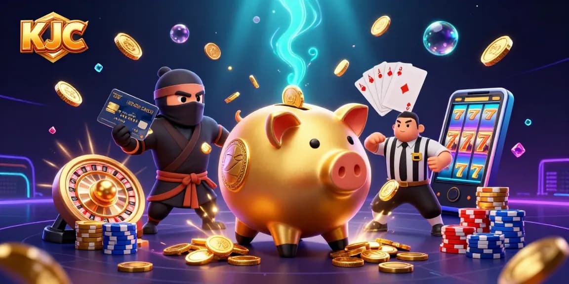 KJC gaming illustration with golden sumo pig stomping, casino elements flying around