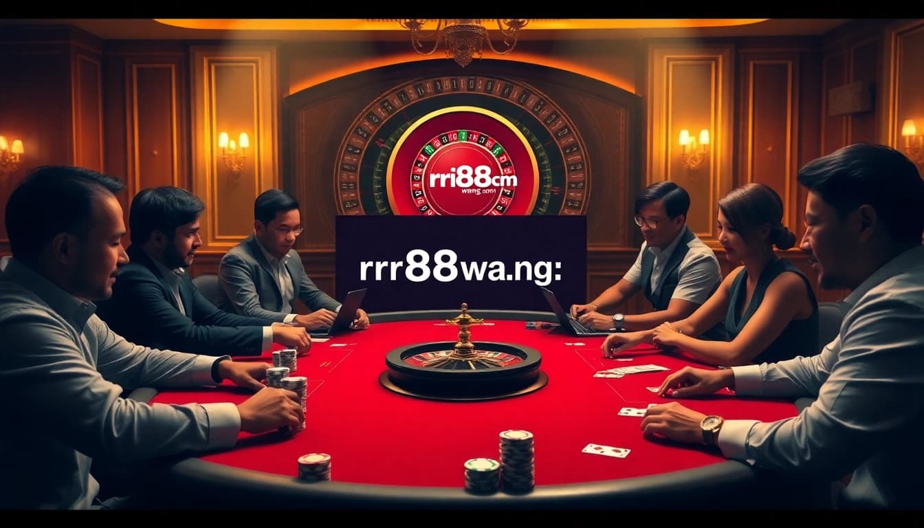 Experience high-stakes poker at rr88wang.com with a luxurious casino scene featuring excited players.