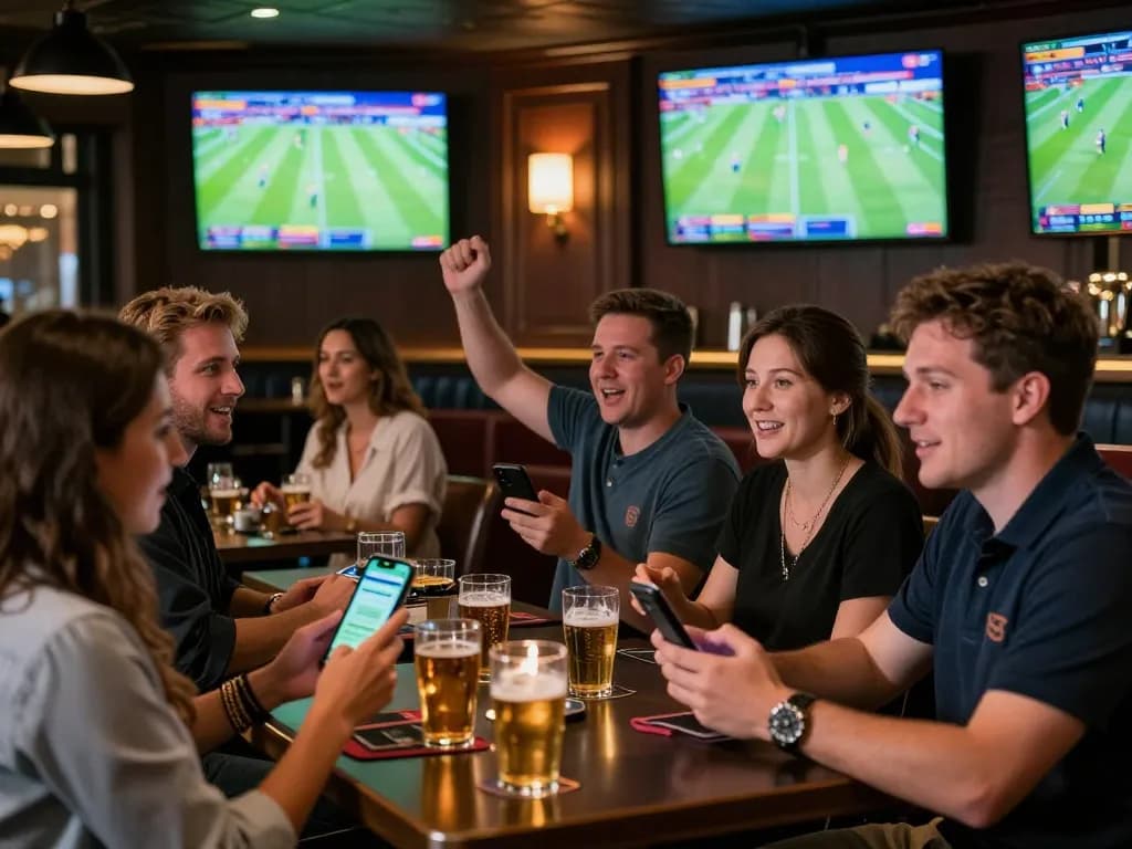 Engaging sports betting scene where gamblers interactively utilize mobile apps while enjoying live football matches, embodying soi kèo nhà cái excitement.