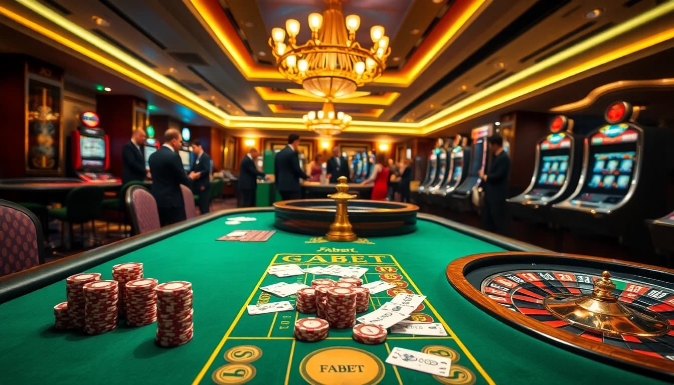 FABET casino table with cards and chips, showcasing excitement and professionalism.