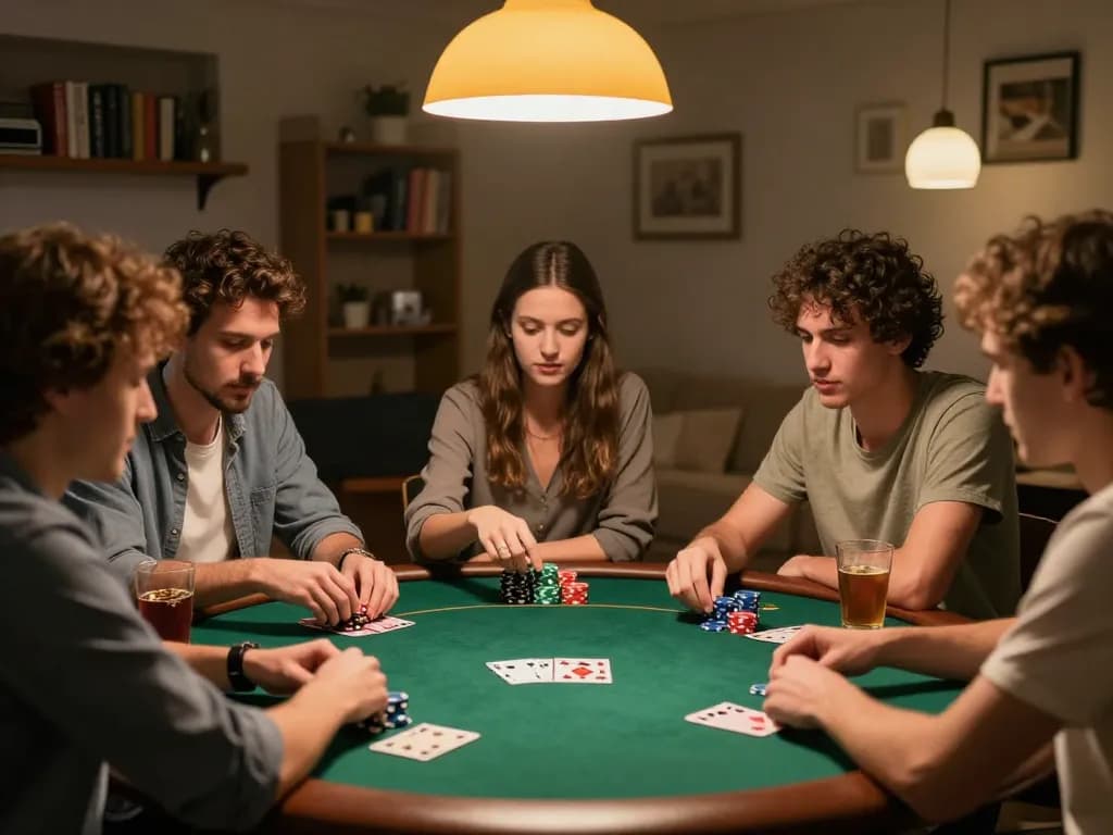 Players enjoy competitive poker at home in a cozy setting, showcasing excitement and strategy with ph22.