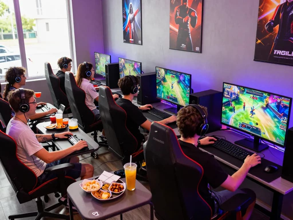 Energetic gaming lounge with friends enjoying competitive gaming, highlighting Five88 uy tín with immersive setups and vibrant atmosphere.