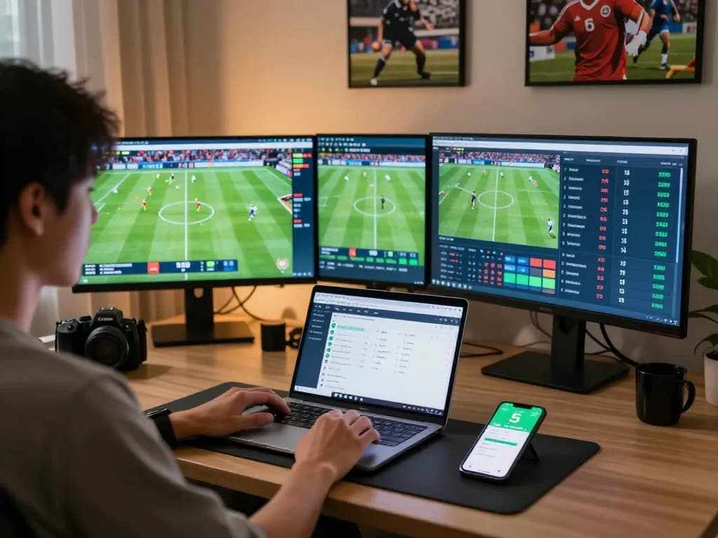 Tỷ lệ kèo nhà cái 5 displayed on a laptop during an online sports betting session in a modern home office