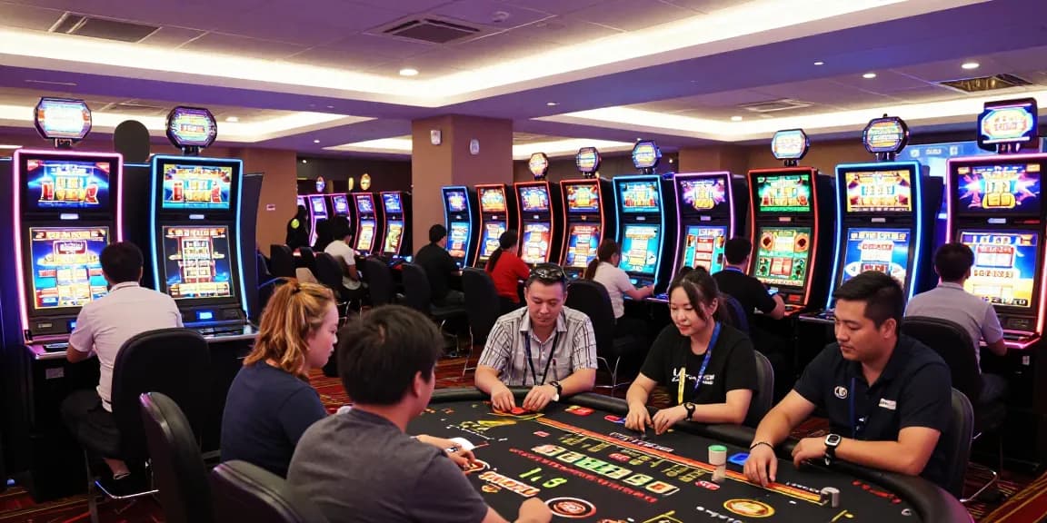 Exciting gaming atmosphere at lc88 casino with diverse players enjoying slots and live tables.
