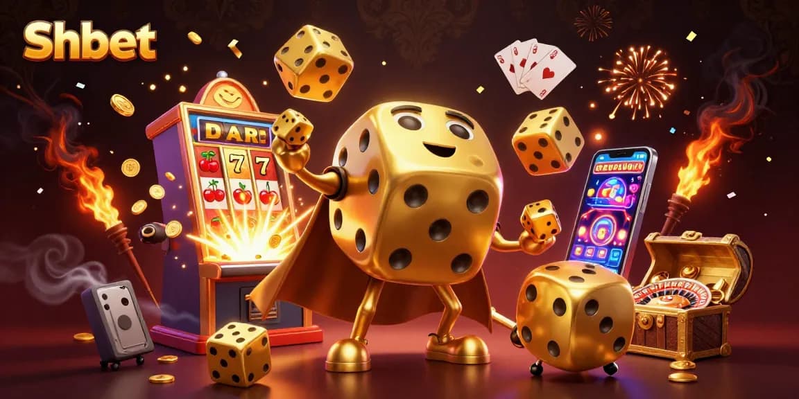 Experience thrilling gameplay and bonuses at Shbet with a dynamic scene featuring golden dice, slot machines, and vibrant casino elements.