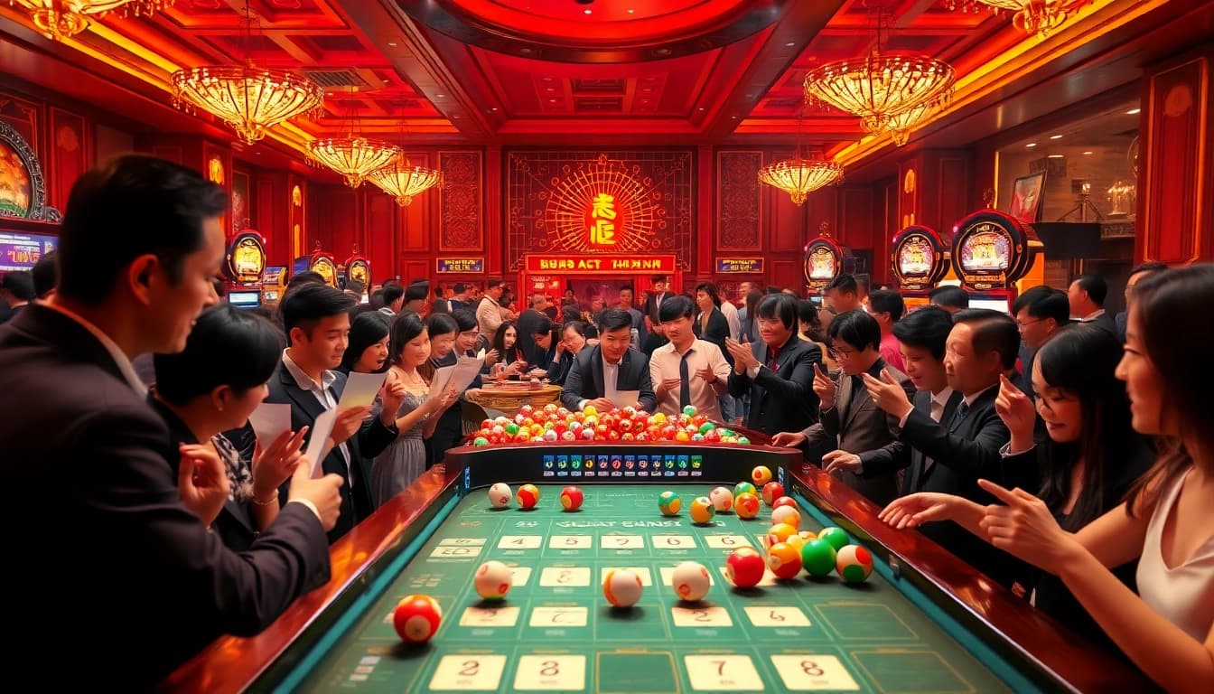 Eager participants engage in Xổ số hôm nay at a luxurious casino, surrounded by colorful lottery balls and betting slips.