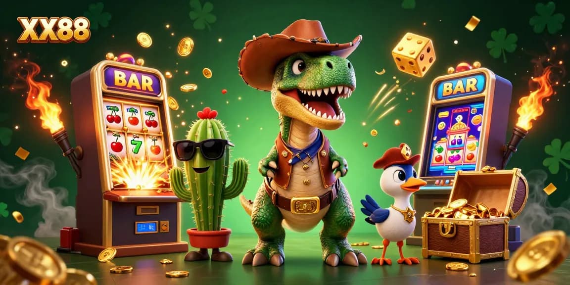 Spin the reels at XX88's thrilling casino scene featuring T-Rex and friends.