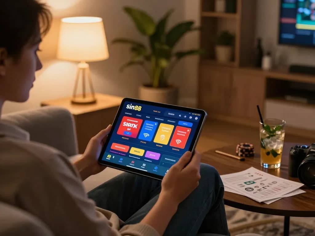 sin88 user engaged in online gaming on tablet, cozy home environment highlighting responsible gambling.