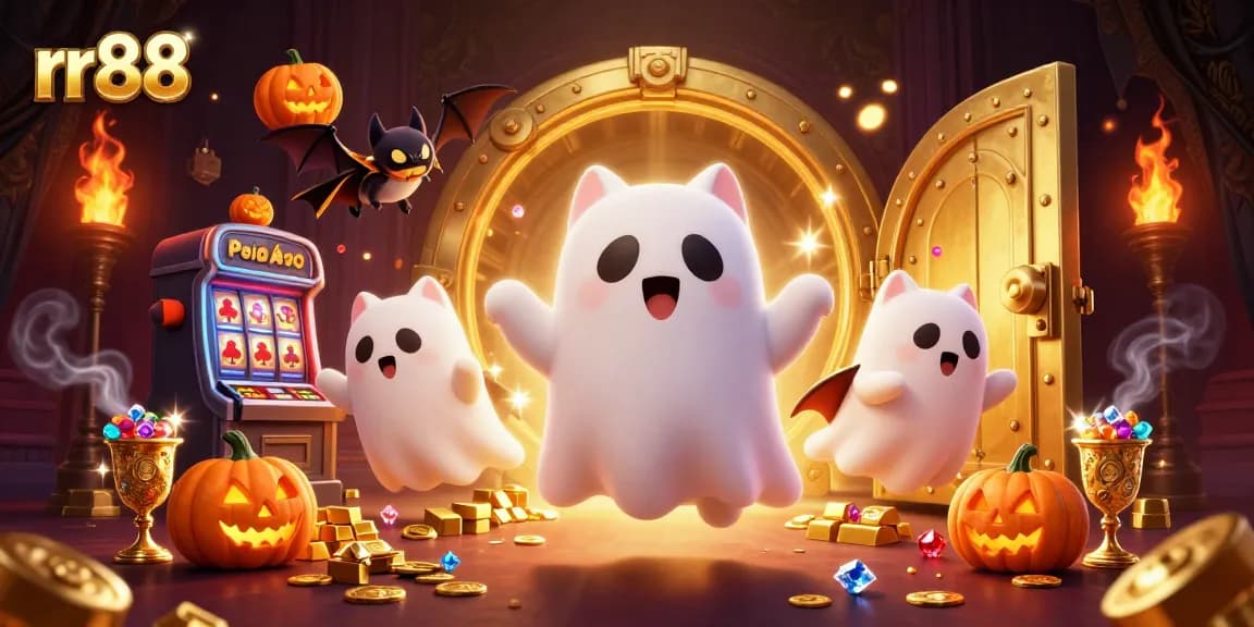 rr88's captivating ghost cat encounters a haunted casino atmosphere with vibrant gems and treasures.