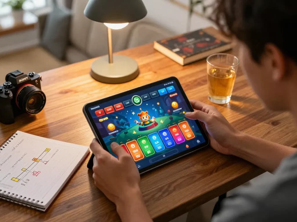 Engaging in lc88 game online with tablet, strategic notes nearby in comfortable setting.